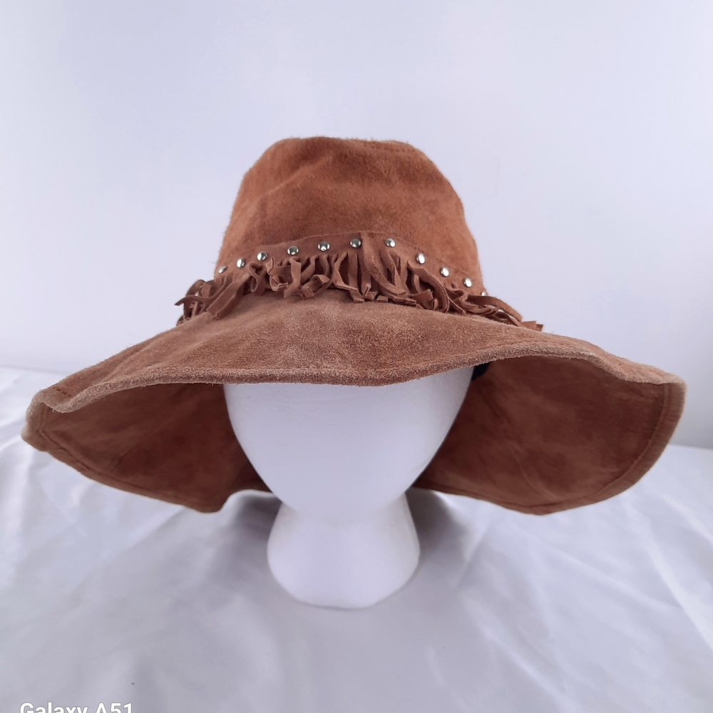 ❤️ Small Chic Brown Wide-Brimmed Real Leather Hippie Hat with Braided Band